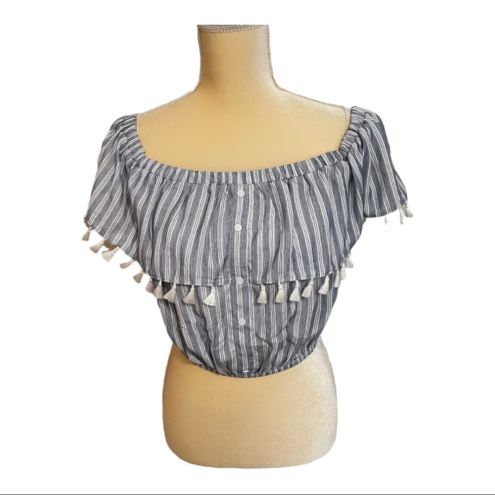 Mustard Seed Crop Top Blue‎ White Stripe With Tassels Off Shoulder Size Large